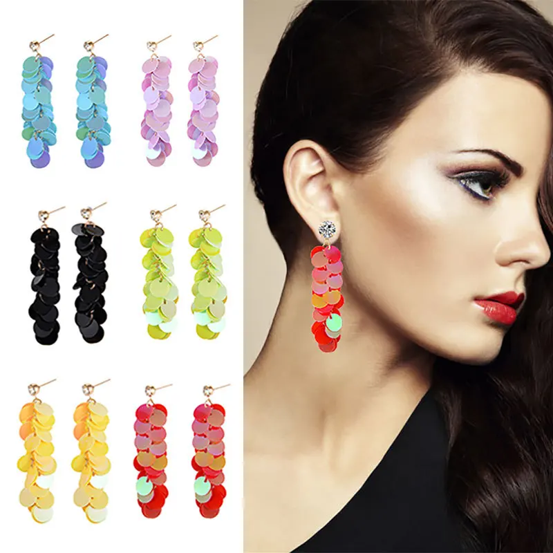 

Bohemia Round Sequin Multilayer Long Dangle Earrings For Women Statement Crystal Plastic Drop Earring Colorful Fashion Gift