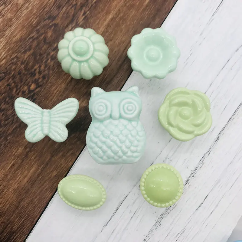 

8pcs Green Cartoon Ceramic Animal Shape Door Handles Furniture Closet Drawer Shoebox Smart Pull Knobs Cute Owl Round Door Handle