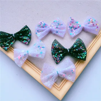

6*4cm 20pcs/lot Glitter Sequin Tulle with star bow DIY handmade bowknot Appliques for children's hair accessories