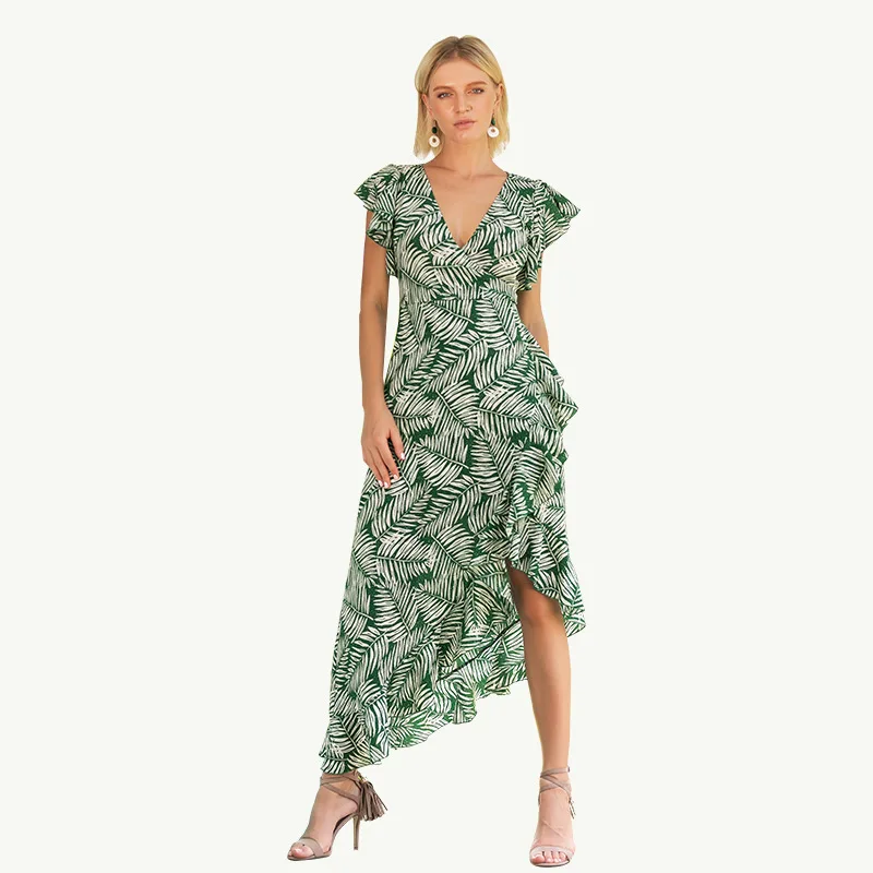 

Summer Beach Maxi Dress Women Floral Print Boho Long Chiffon Dress Ruffles Wrap Casual V-Neck Split Sexy Party Dress Robe Femme