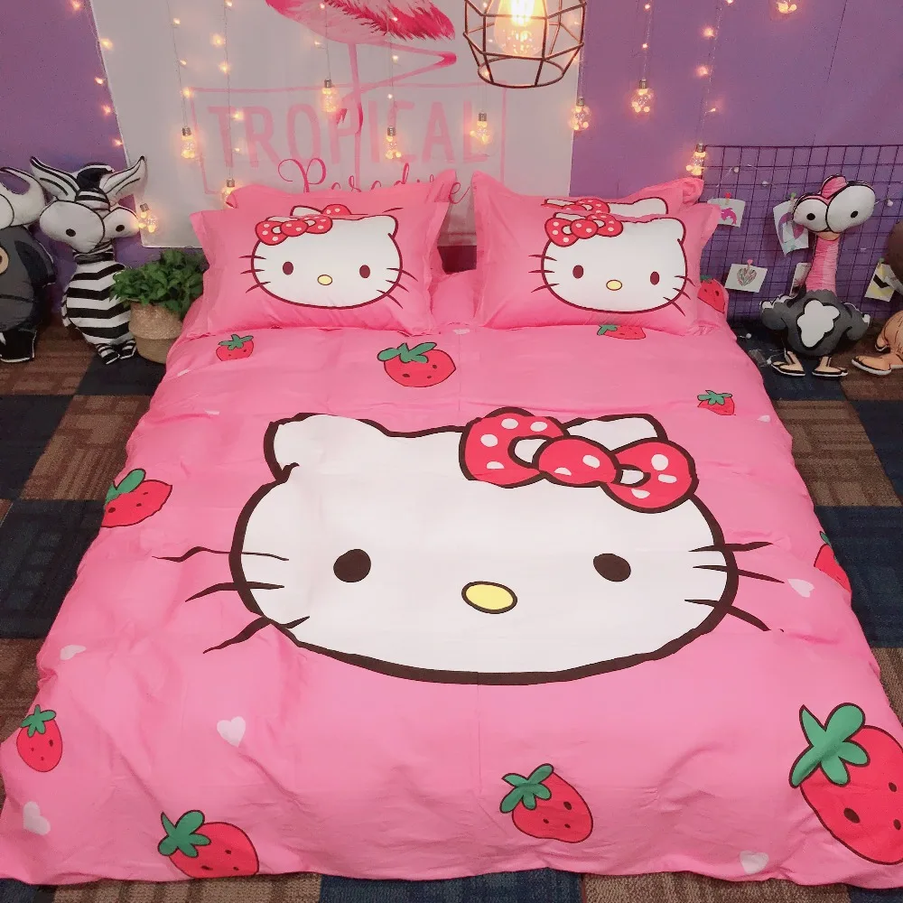 Набор постельного белья из хлопка с рисунком hello kitty, пододеяльник, простыня, наволочка, мягкий, розовый, белый, клубника, король, королева, размер, Комплект постельного белья