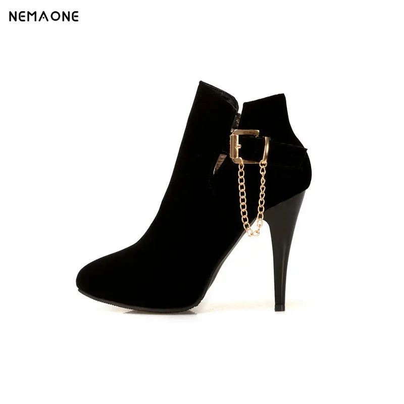 

New 11cm high Heels women ankle boots poined toe flock ladies boots spring autumn party dress wedding shoes woman large Size 43