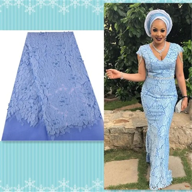 

Free Shipping Sky Blue High Quality Embroidered Tulle Lace With Heavy Stones Beaded Nigerian Lace Fabric For Wedding Dress 1316