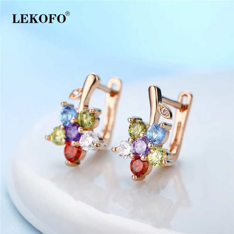 

LEKOFO Snowflake U-Shaped Design Earrings Korean Fashion Jewelry Rose Gold Colorful Crystal Stud Earrings For Women