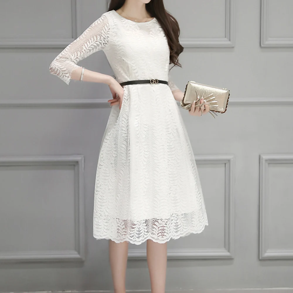 

Women Chiffon Dress Round Neckline Mid-length lace dress 3/4 Sleeves Crochet Lace Dress a word seven-point sleeve bottom skirt
