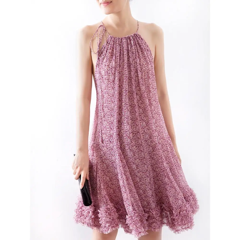 

2019 Spring Summer Sling Shoulder-shoulder Pink Printed Ruffled Dress Ladies Beach Casual Sexy Ruffle Green Dress