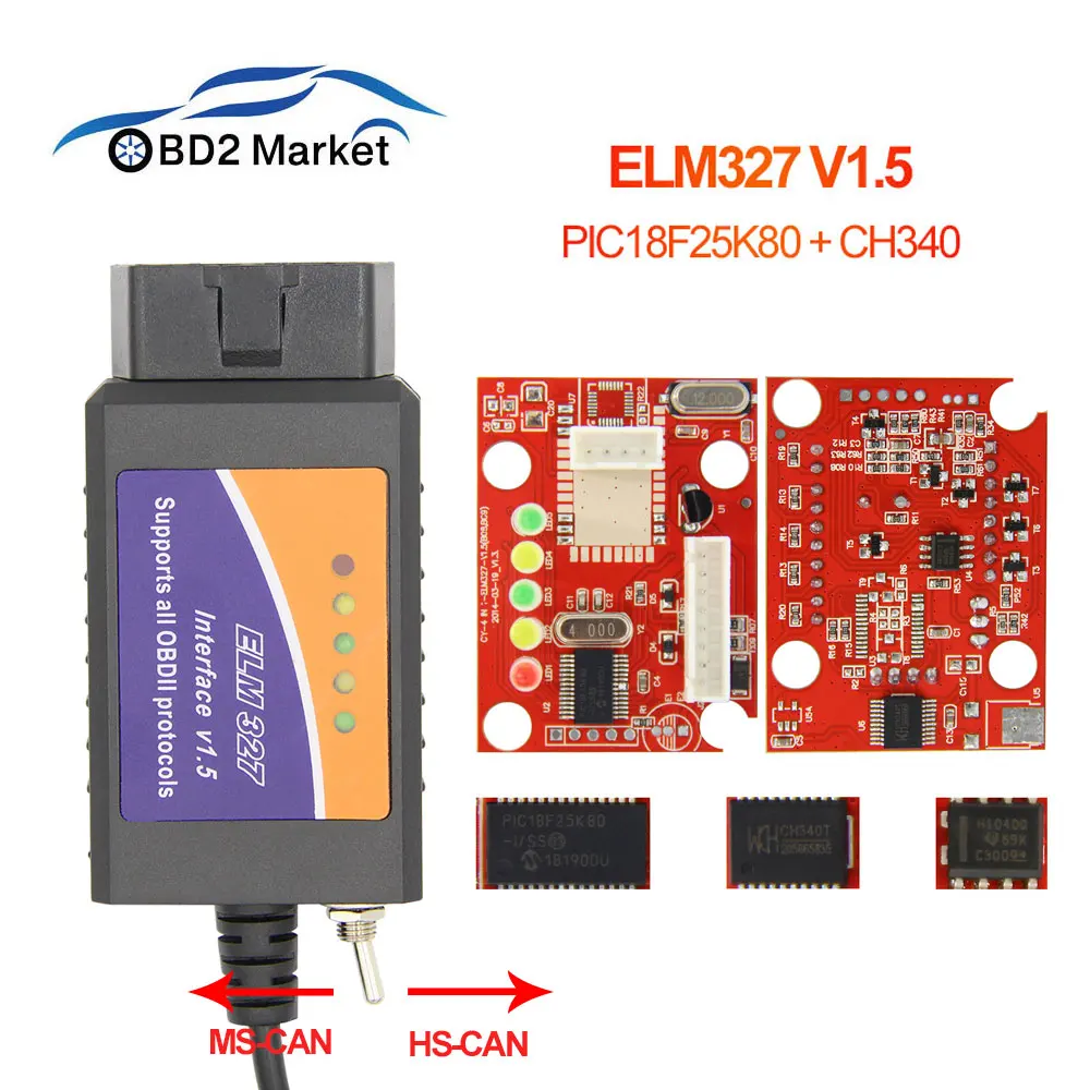 ELM327 V1.5 USB OBD2 диагностический инструмент HS CAN/MS CAN переключатель PIC18F25K80 CH340 Диагностика автомобиля obd2 elm 327 сканер щетка Скрытая