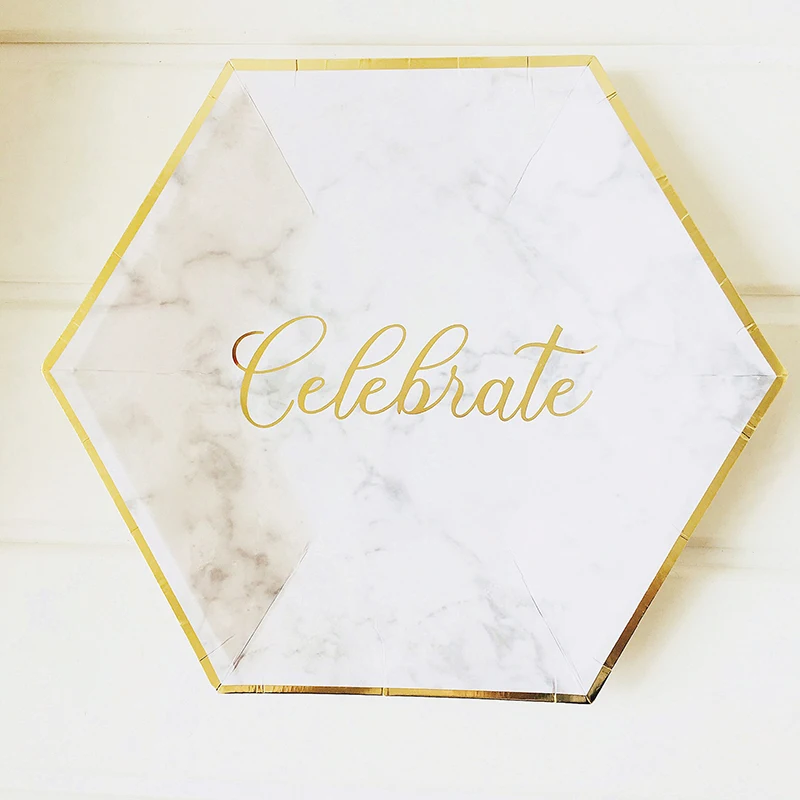 Белый мрамор Золотой обод Элегантный Бумага пластины и чашки набор одноразовые разлагаемые для пикника барбекю день рождения обеденная посуда