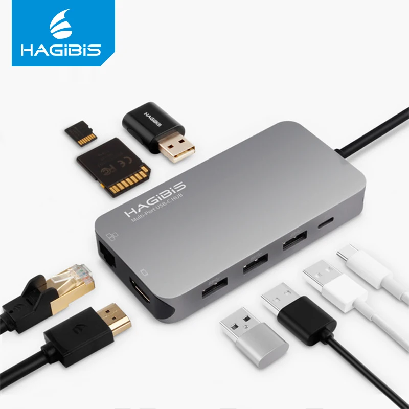 Hagibis 9-en-1 USB tipo C-c HUB 3,0 USB-C a 4 K HDMI/SD/ adaptador Gigabit Ethernet de carga PD lector de tarjetas TF para MacBook Pro HUB - 1