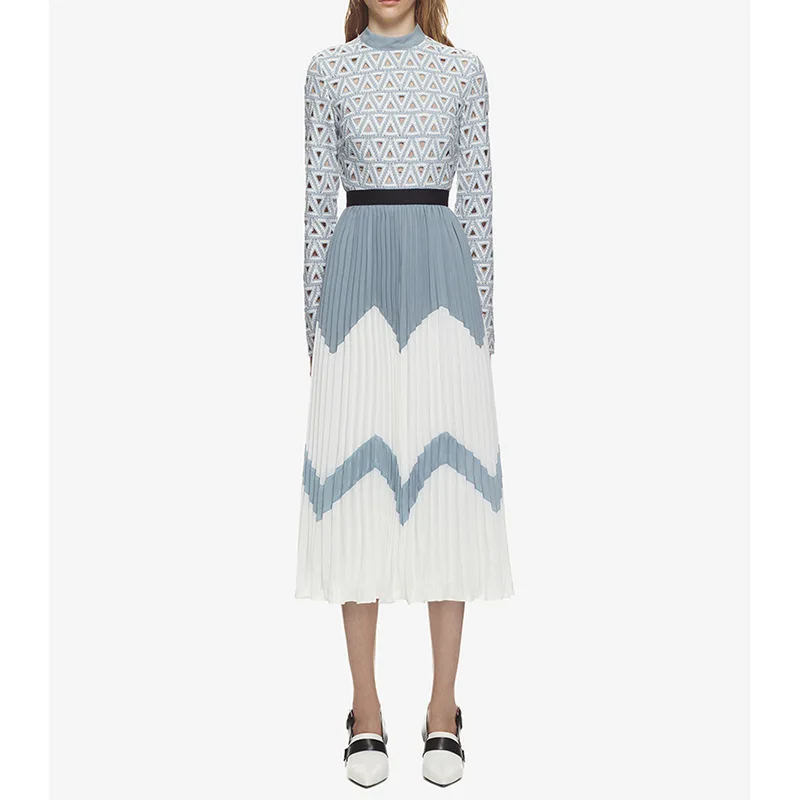 

2019 self portrait Runway Midi Dress Women Stand collar Long sleeve Hollow Out Patchwork Pleated Casual Dresses vestidos robes