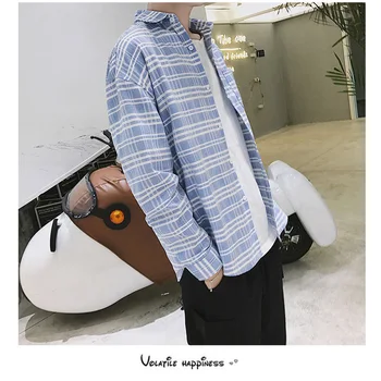 

Japanese Streetwear Plaid Check Men Shirts Blue Long Sleeve Fashion Casual Summer Shirt Vintage Slim Fit Cotton Full Shirt Mens