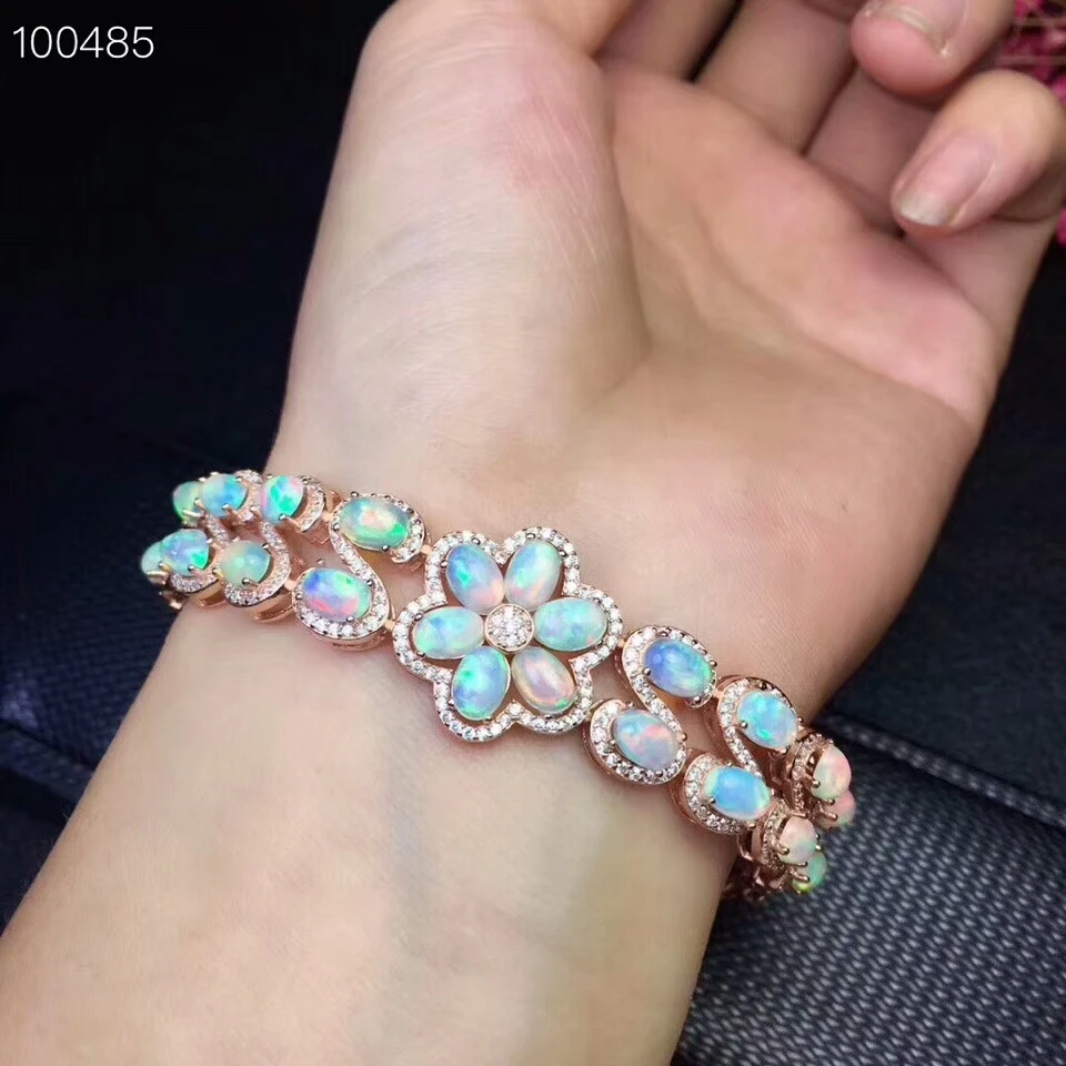 

[MeiBaPJ]Real Natural Opal Gemstone Bracelet 925 Sterling Silver Colorful Stone Bangle for Women Fine Wedding Jewelry