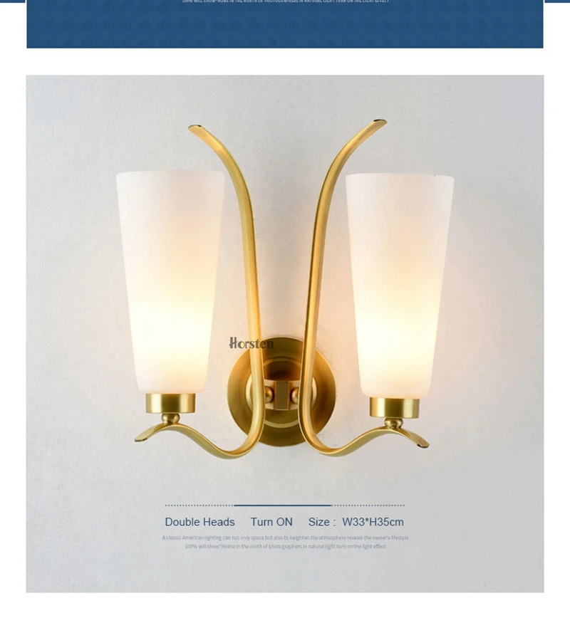 American Style Double Heads Copper H35cm Wall Lamp Bedroom Bedside Lamp Simple Nordic Wall Lights For Living Room Restaurant Hotel (7)