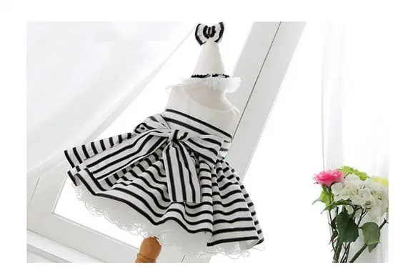 2017 New Arrival white and black stripes newborn baby first birthday dresses With Bow Flower Girl Dresses For Party And Wedding
