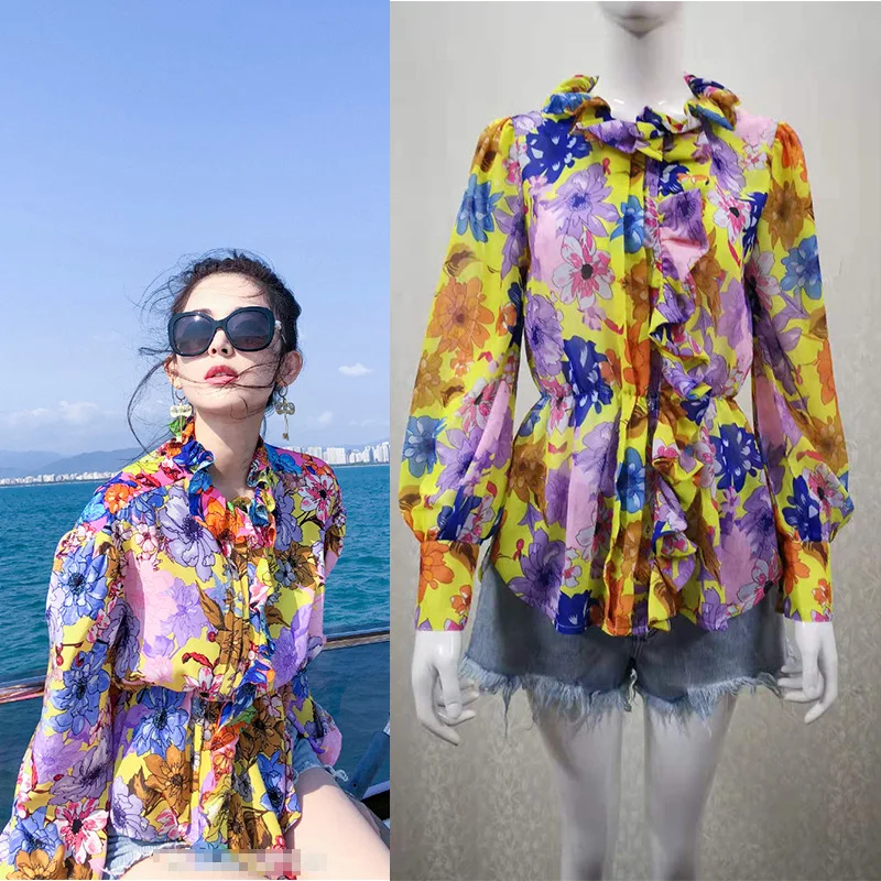 

Spring and Summer 2019 New Gulina Printed Lotus-leaf Collar Lantern Long-sleeved Skinny Shirt Women Blouses Print Chiffon Shirt