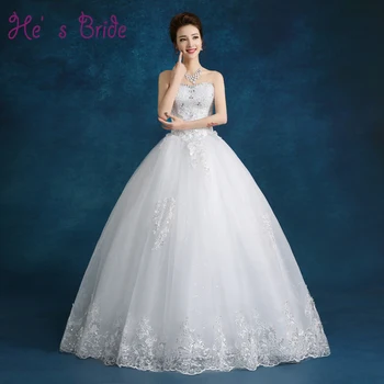 

Vestido De Novia Sexy Strapless Sleeveless The New Bride Wedding Dresses with Lace Appliques Crystal Bridal Wedding Gown
