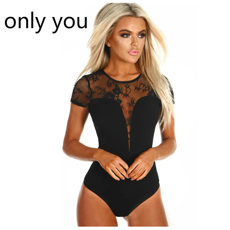 Only You Summer Sexy Bodysuits Ladies Black Lace Short Sleeve Women Romper Bodycon Playsuit Transparent Tops Jumpsuit LC32241 | Женская