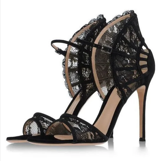 2018 Summer Cut-Out Mesh Fan Shaped Lace Flowers Stiletto Heel Sandals European Style Women Sandals Red Black Wedding Pumps B118 Women's Shoes