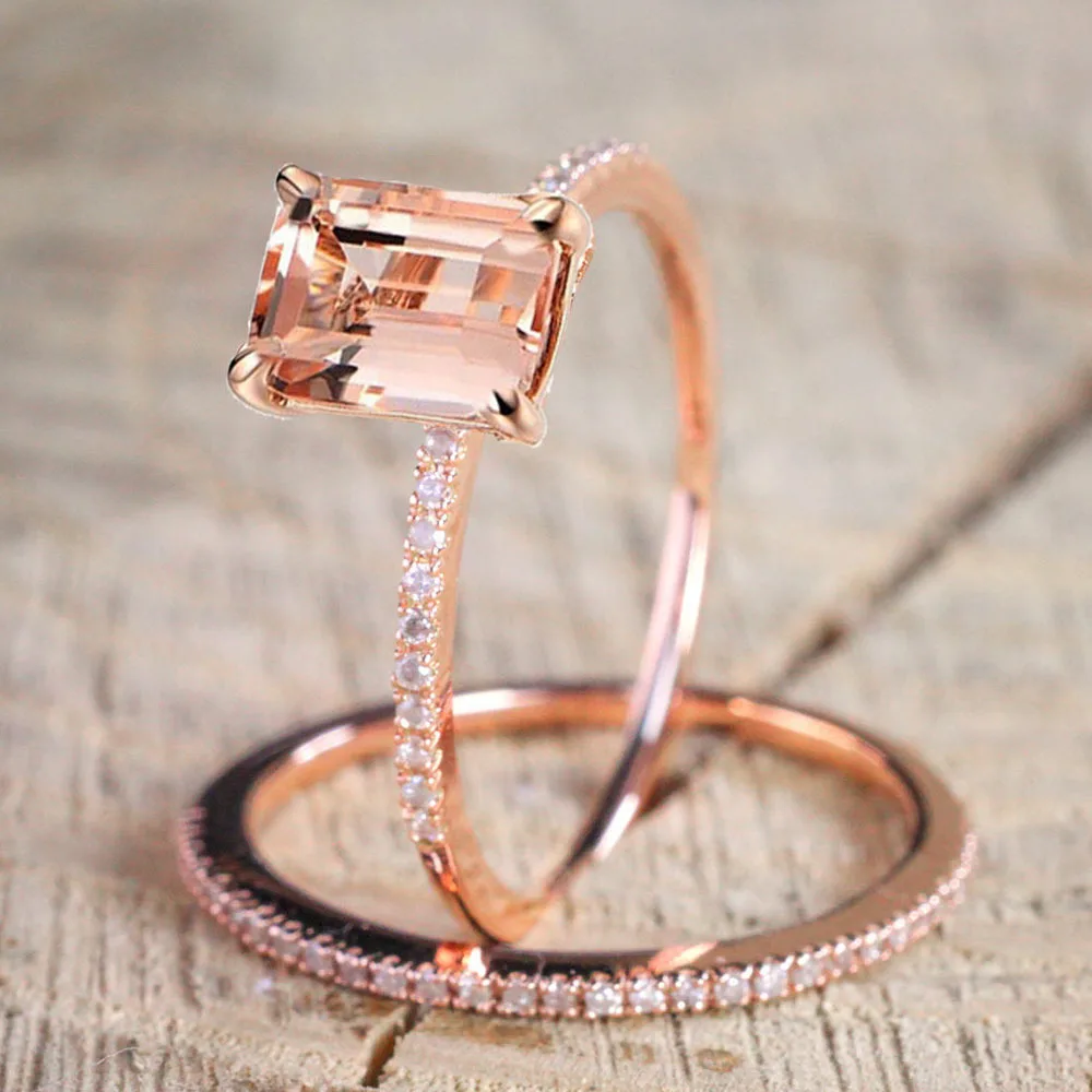 Female Square Cubic Zirconia Ring Set Luxury 18KGP Rose Gold Filled
