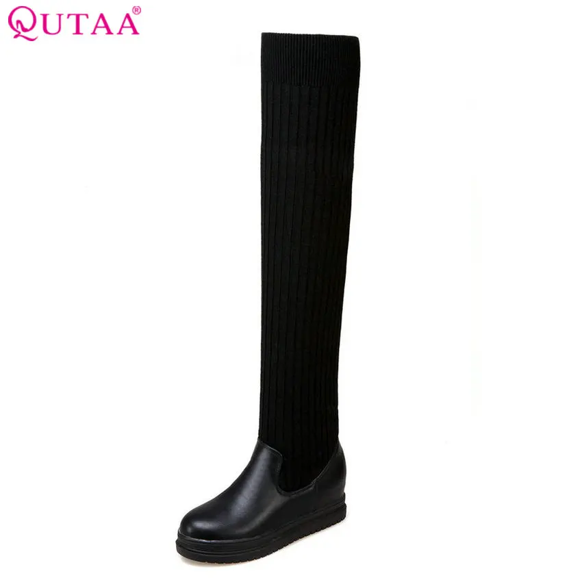 

QUTAA 2018 Women Over The Knee High Boots Round Toe Slip on Fashion Wedges Heel All Match Sexy Spring Women Boots Size 33-43
