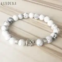 Natural Stone beaded bracelets for men and women White Howlite T-urquoise Elephant Charm Bracelet with Flower Spacers