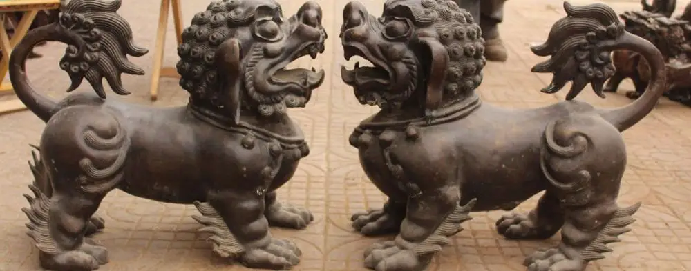 

25"Chinese Bronze Guardian Foo Fu Dog Door Lion Unicorn Kylin Chi-lin Beast Pair