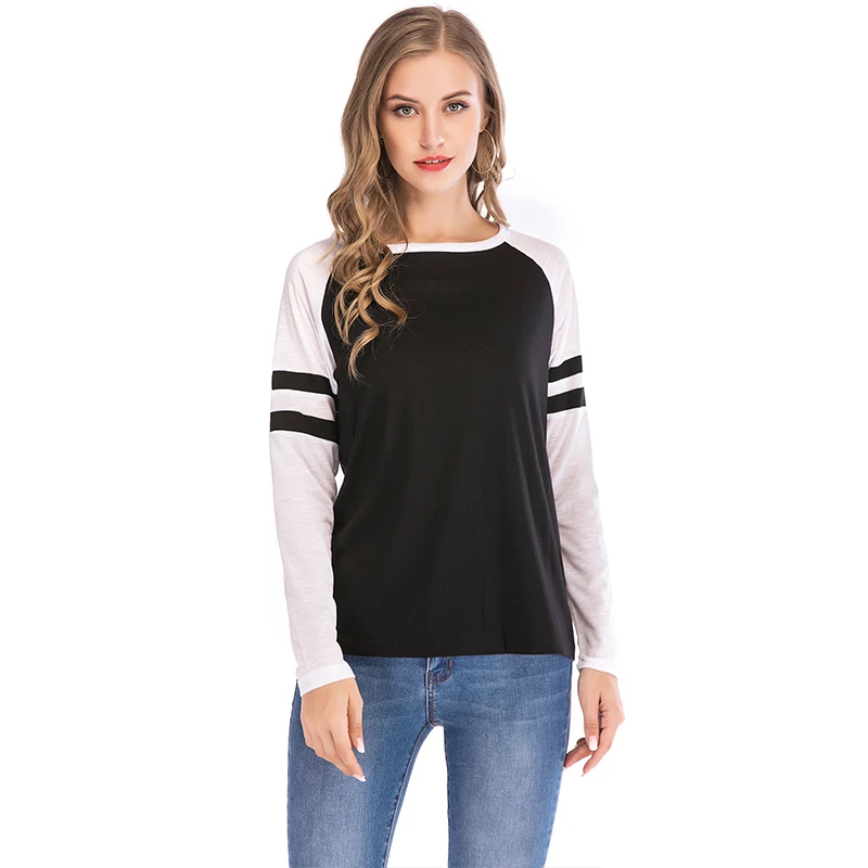 FLORATA Ladies Fashion Long Sleeve Splice Color Shirt Patchwork Tops O Neck Workout Shirts Women