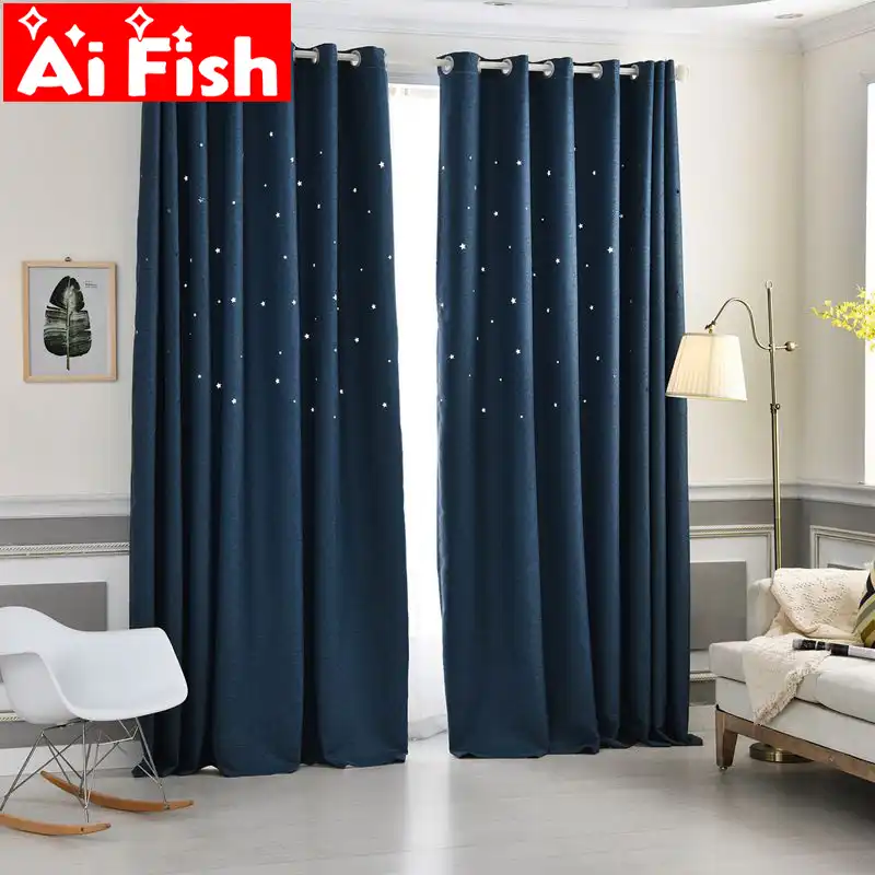 Modern Hollow Star Faux Linen Blackout Curtains For Living Room