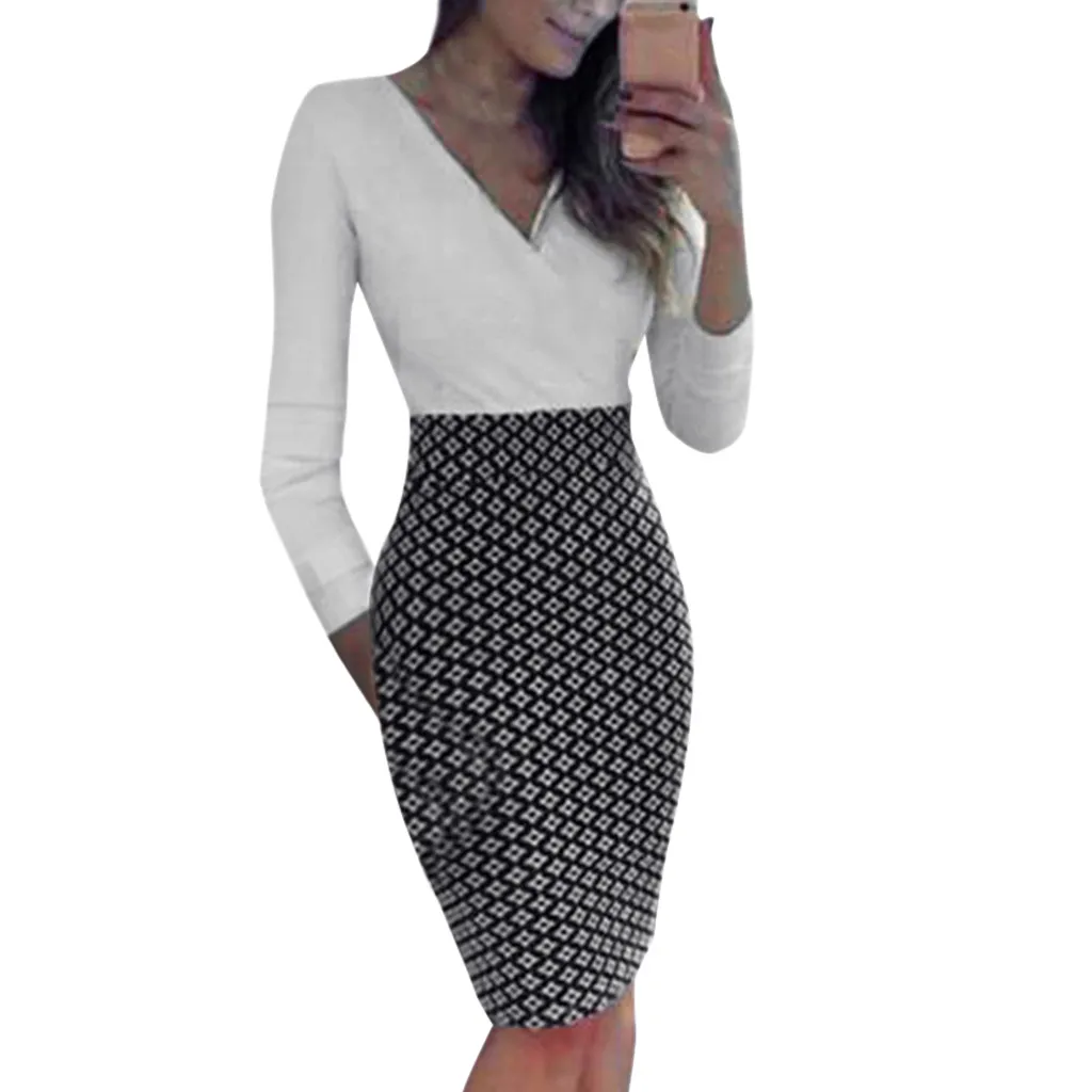 Womens Dress Vestido De Festa Ladies Long Sleeve Slim Fit Midi Work OL Shirt Evening Party Plus Size Dresses