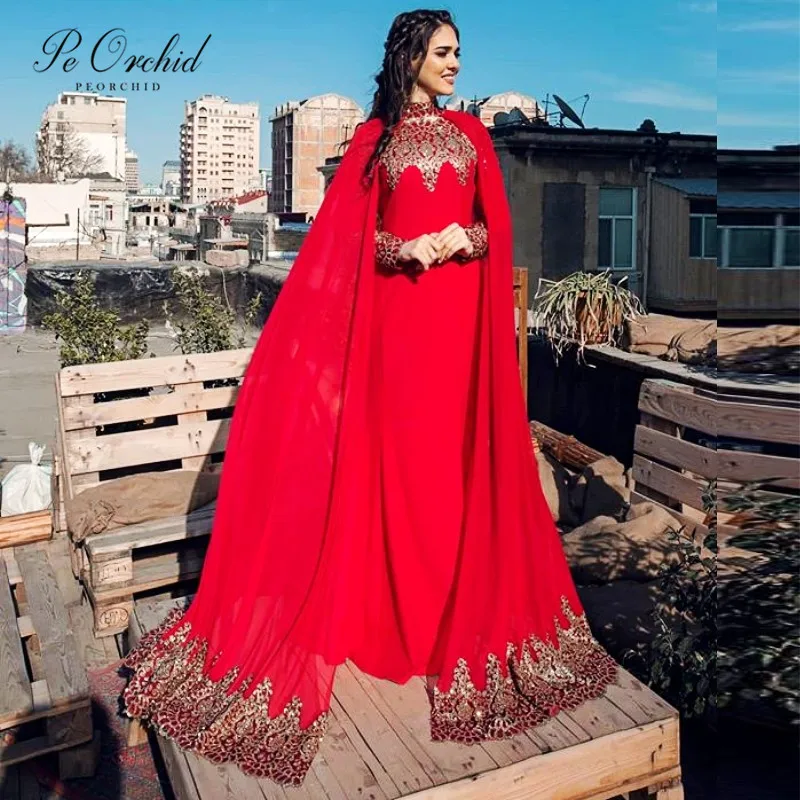 

PEORCHID Red And Gold Turkish Evening Dresses With Cape Middle East Robe De Soiree Musulman Arabic Kaftan Formal Party Gowns