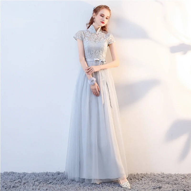 SJZL 70 # серое платье подружки невесты с длинным рукавом и круглым воротником на