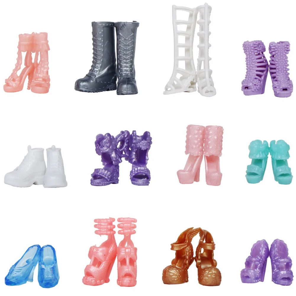 12 пар/лот; кукольные туфли смешанного стиля; милые разноцветные туфли на высоком каблуке; модные сапоги разных цветов для куклы Барби; аксессуары; детские игрушки