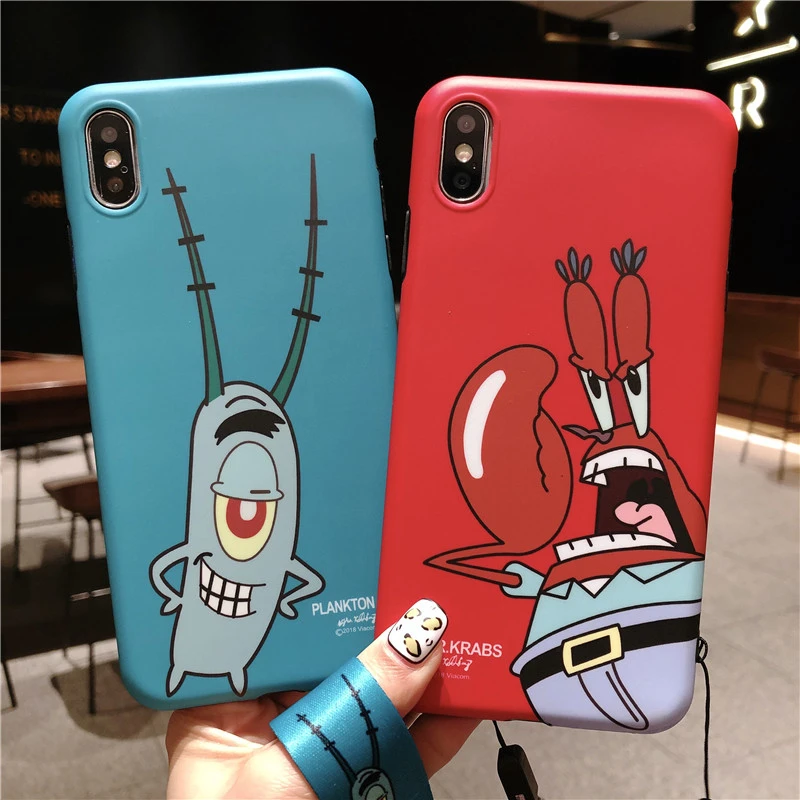 For iPhone 11 pro Max Cute Mr.Krabs Soft back phone cover XR XS 6 6S 7 8plus cartoon matte Case+strap |