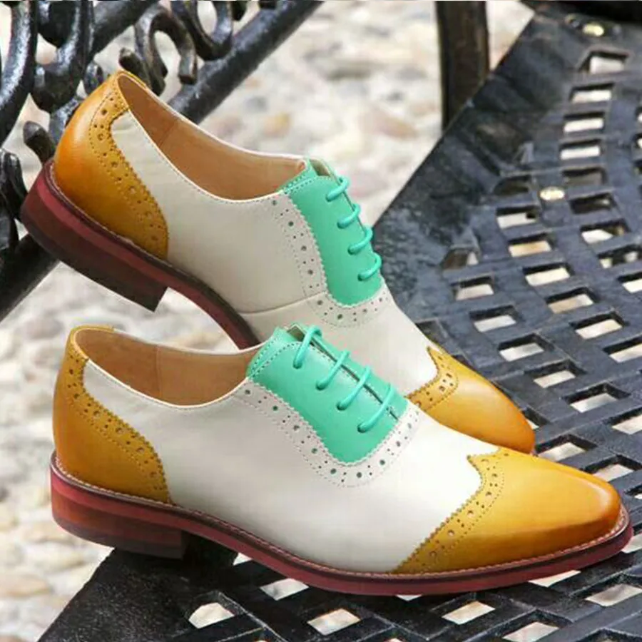 Броги из натуральной кожи; yinzo; обувь на плоской подошве; женские винтажные кроссовки ручной работы; красные, коричневые, желтые туфли-оксфорды для женщин; сезон весна года - Цвет: yellow white green