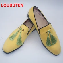 Loubuten 2019 Handmade Yellow Men Velvet Shoes With Tassels Fashion Wedding And Party Men Loafers Italian Style Smoking Slippers Loubuten 2019 Handmade Yellow Men Velvet Shoes With Tassels Fashion Wedding And Party Men Loafers Italian Style Smoking Slippers