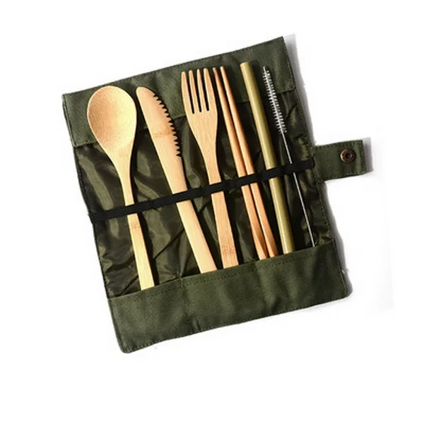 

DHL 200set Dinnerware Wooden Cutlery Set Bamboo Cutlery Straw With Cloth Bag Kitchen Food Tableware Dinner