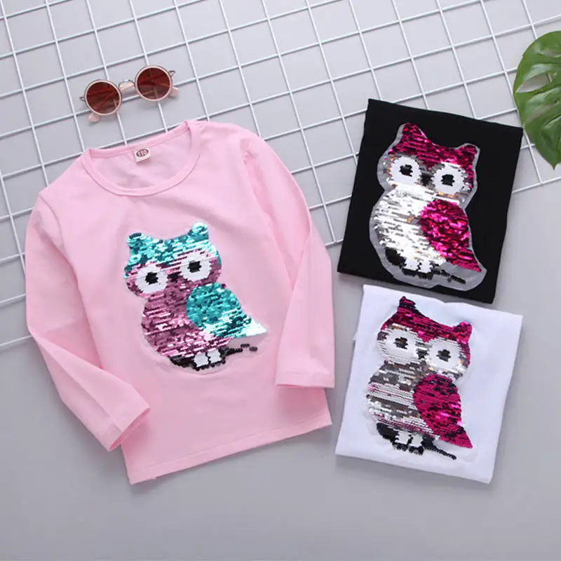 

New Owl T-shirt Girl Cartoon Sequins Tee Shirts for Teenage Cotton Kids Shirt Toddler Baby Girls Long Sleeve Tops Autumn Clothes