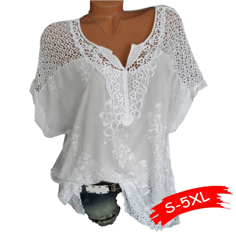 

Women's Lace Blouses Sexy V Neck Short Sleeve Embroidered Batwing Loose Shirt Summer White Tops Sweet Plus Size 5XL Shirts