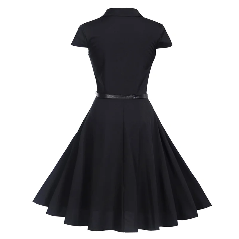 Kostlich Turn-down Collar Solid Color Dresses Hepburn Vintage Short Sleeve Dress Women Big Swing Dress S-2XL With Sashes (28)