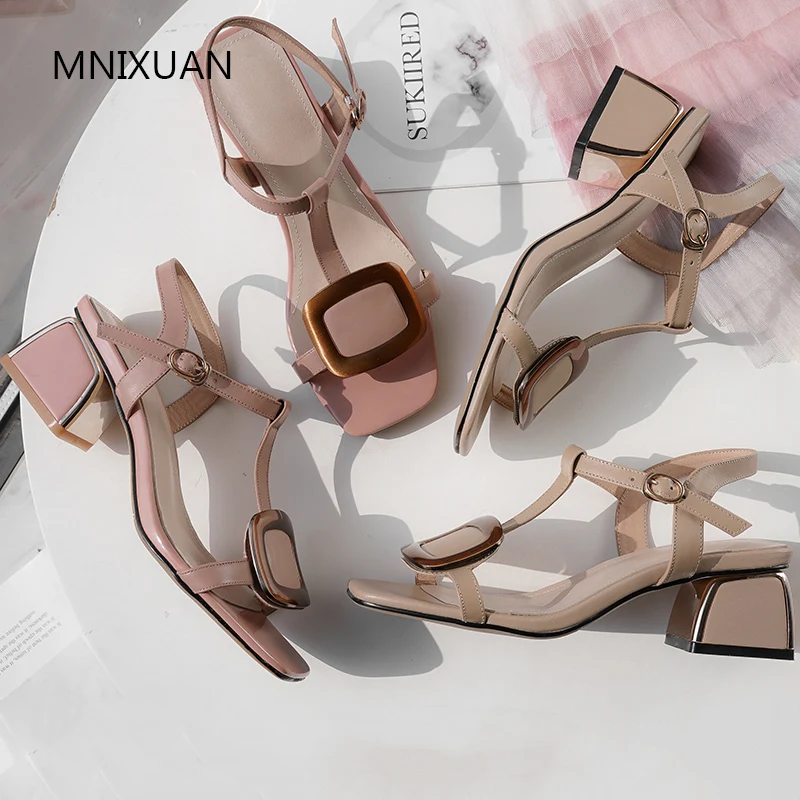 

MNIXUAN Handmade elegant office women shoes ladies sandals high heels 2019 new genuine leather open toe buckle sweet shoes pink