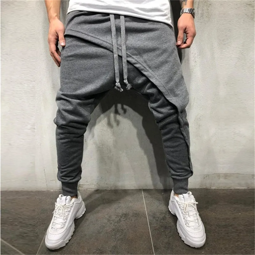 men pencil trouser Men Asymetric Layered Jogger Pants Hip Hop Streetwear Jogger Pants Casual Drawstring Close Bottom Pants