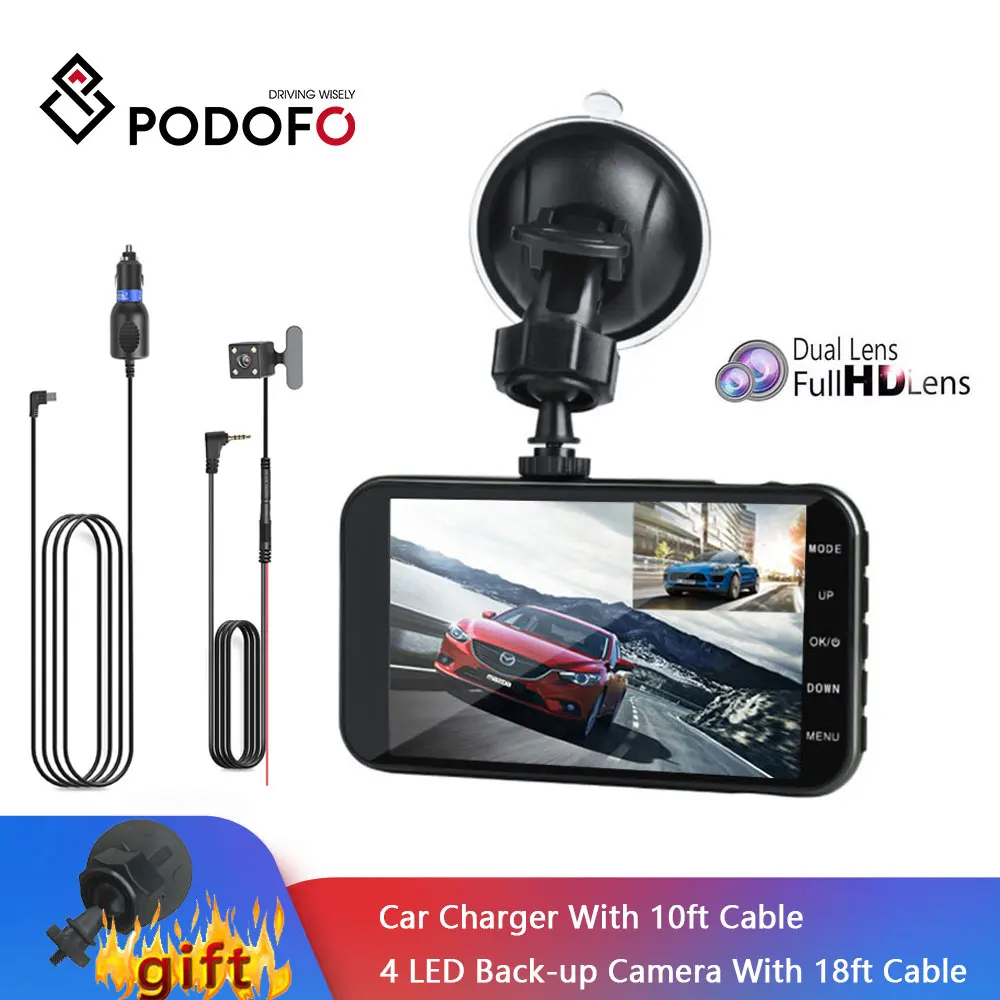 Podofo 4 ''Dashcam двойной объектив Автомобильный видеорегистратор Камера FHD 1080P IPS
