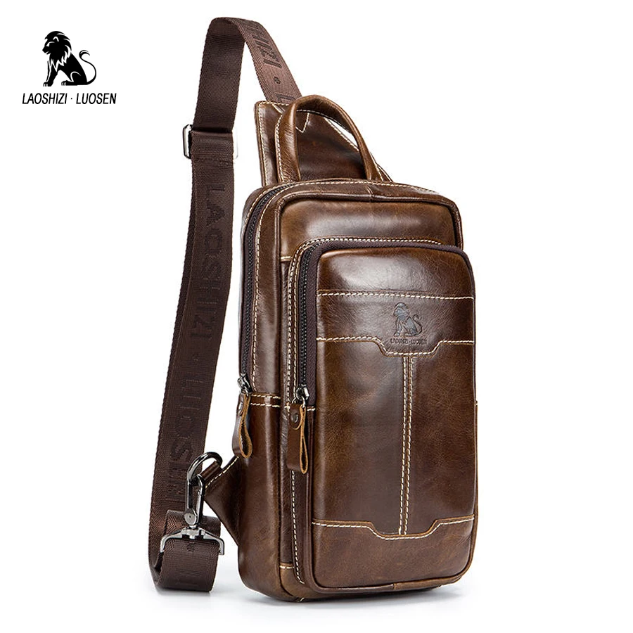 LAOSHIZI Genuine Leather Chest Bag Men&#39;s Crossbody Bag Chest Pack Man Shoulder Messenger Bag ...