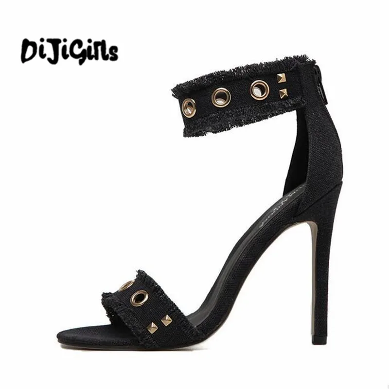 

Women's Sandals Summer 2017 Denim Sandals High Heels Peep Toe Sandalia Gladiador Ankle Strap Women's Shoes Zapatos Mujer Green