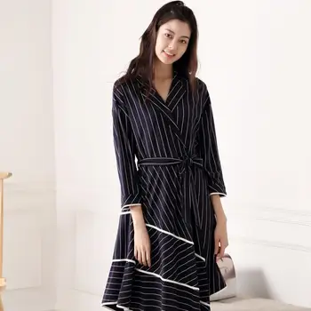 

Autumn new cotton Striped cute sleep dress female Three Quarter sashes slim nightgowns sprincess home clothes gx1736