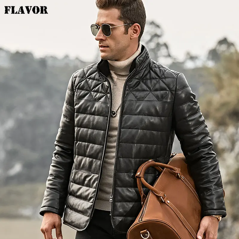 FLAVOR Men's Real Leather Down Jacket Men Genuine Lambskin Winter Warm Leather Coat with Removable Sheep Fur Collar - Цвет: Black