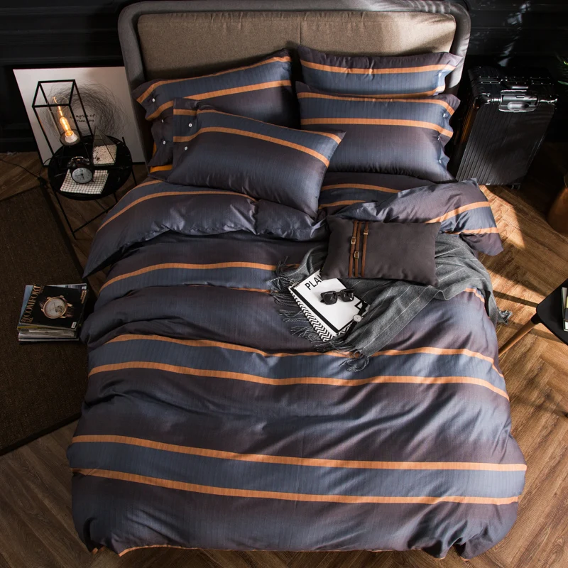 Комплект постельного белья в простую полоску оранжевого и коричневого цвета, 4 шт., набор постельного белья из египетского хлопка, пододеяльник, наволочки для подушек