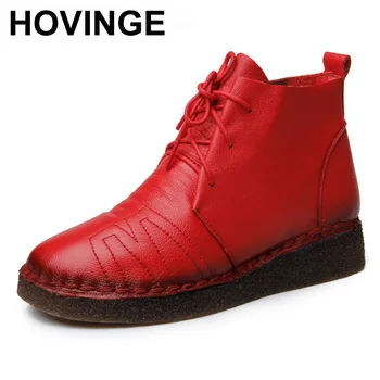 

HOVINGE Vintage Women Boots Soft Bottom Cow Leather Martin Boots Women Winter Warm Flat Ankle Boots Autumn Cowhide Casual Shoes