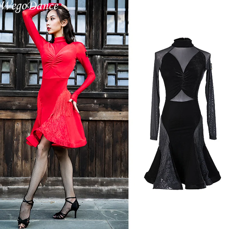 new Latin Dresses long sleeve velvet tassel ballroom dance dresses