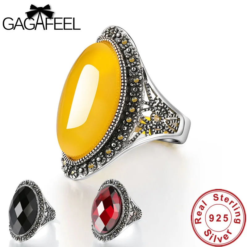 

GAGAFEEL 100% 925 Sterling Silver Rings Vintage Palace Rings for Women Retro Oval Garnet Resizable Ring Party Gifts Fine Jewelry